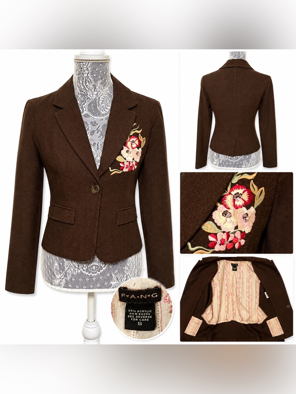 VTG Y2K FANG Brown Blazer Jacket Floral Embroidered Boho Cottagecore Small